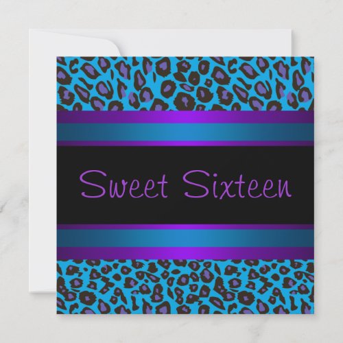 Purple Teal Leopard Sweet 16 Birthday Party Personalized Announcement