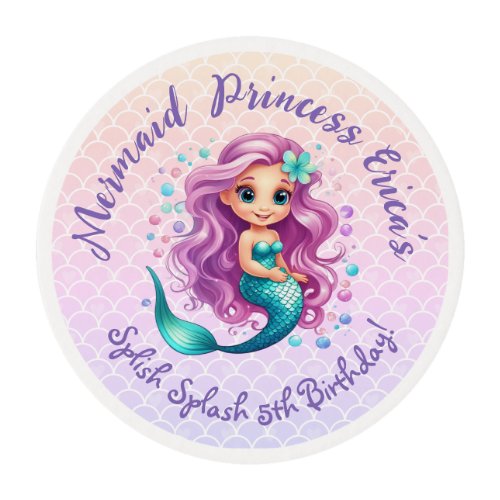 Purple Teal Little Mermaid Watercolor Birthday Edible Frosting Rounds