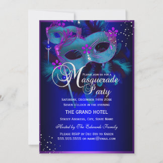 Purple & Teal Masks Masquerade Party Invite