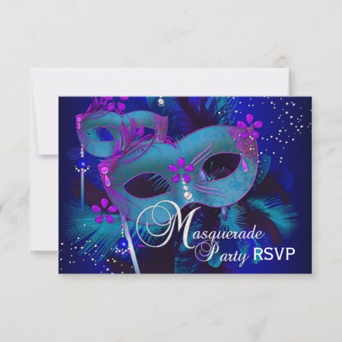 Purple  Teal Masks Masquerade Party RSVP Invitation