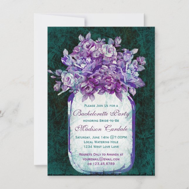 Purple Teal Mason Jar Bachelorette Party Invites (Front)