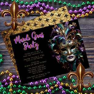 Purple   Teal Masquerade Mask Mardi Gras Party Invitation