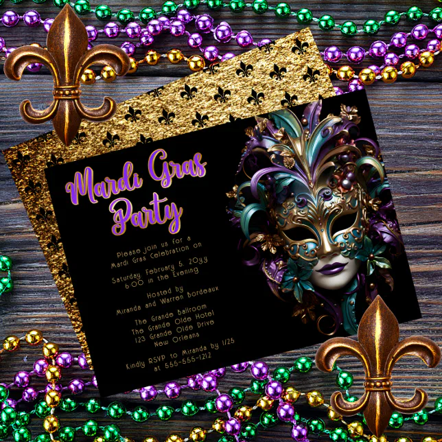 Purple | Teal Masquerade Mask Mardi Gras Party Invitation | Zazzle