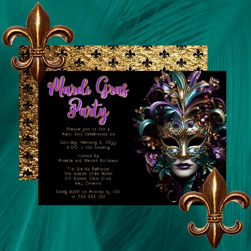 Purple | Teal Masquerade Mask Mardi Gras Party Invitation | Zazzle