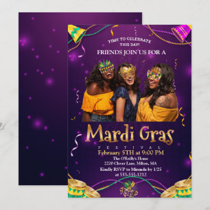 Purple Teal Masquerade Masks Mardi Gras Party Invitation