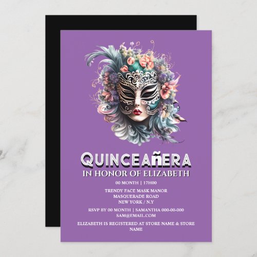 Purple teal masquerade theme quinceanera birthday invitation