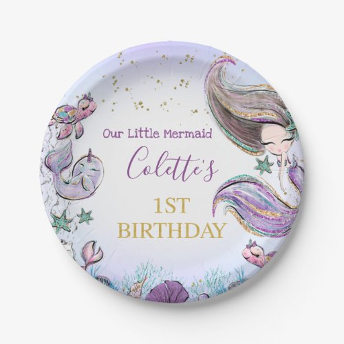 Purple Teal Mermaid 1st Birthday Party Paper Plate