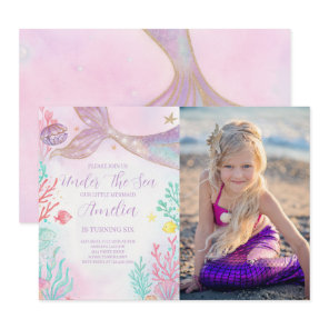 Purple Teal Mermaid Birthday Photo Invitation