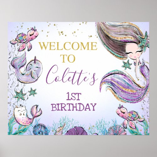 Purple Teal Mermaid Birthday Welcome Sign