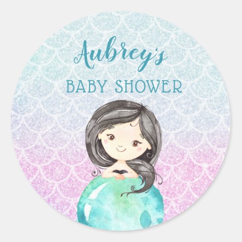 Purple Teal Mermaid Girls Baby Shower Classic Round Sticker