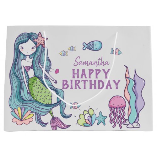 Purple Teal Mermaid Happy Birthday Personalized Large Gift Bag