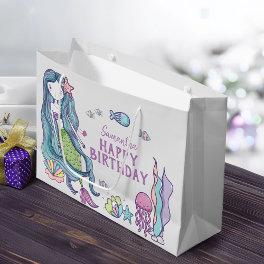 Purple Teal Mermaid Happy Birthday Personalized Large Gift Bag