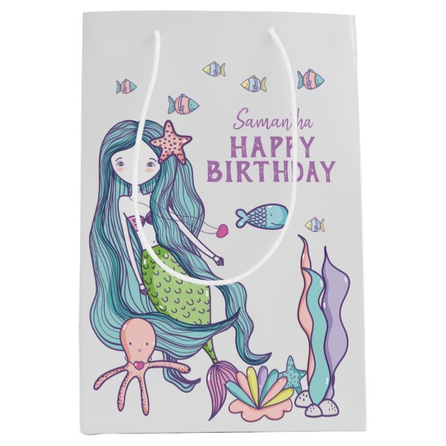 Purple Teal Mermaid Happy Birthday Personalized Medium Gift Bag (Front)