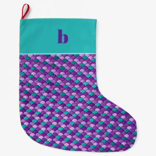 Purple Teal Mermaid Scales Monogram Christmas Large Christmas Stocking