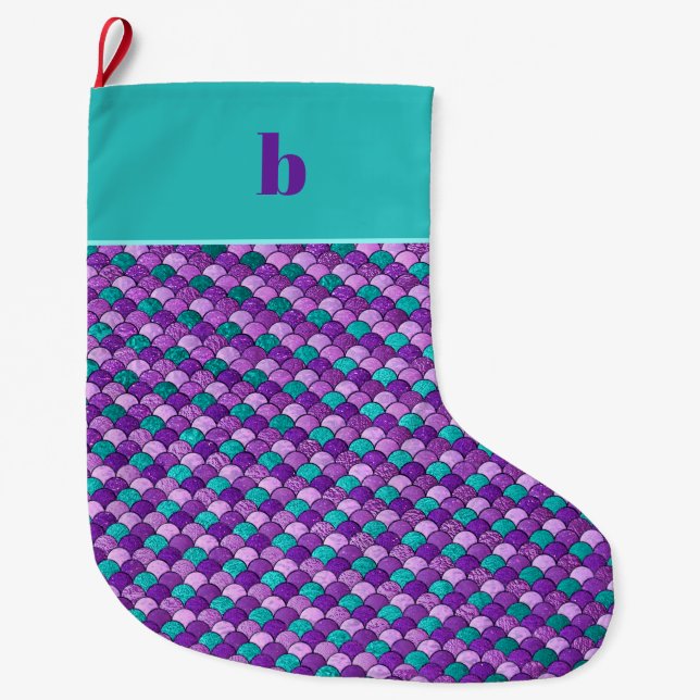 Purple Teal Mermaid Scales Monogram Christmas Large Christmas Stocking (Front)