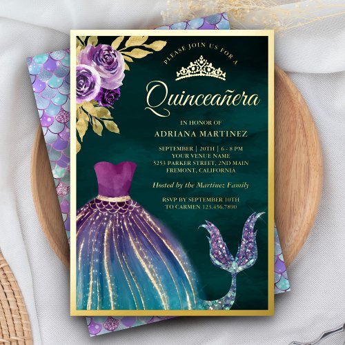 Purple Teal Mermaid Tail Dark Quinceanera Gold Foil Invitation