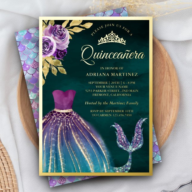 Purple Teal Mermaid Tail Dark Quinceanera Gold Foil Invitation (Creator Uploaded)