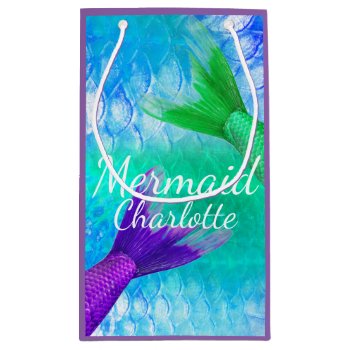 Purple & Teal Mermaid Tails And Scales First Name Small Gift Bag by GrudaHomeDecor at Zazzle