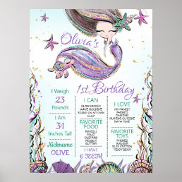 Purple Teal Mermaid Turtle 1st Birthday Milestone  Poster
