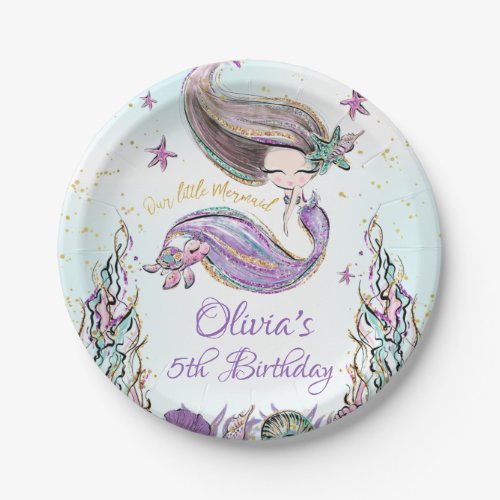 Purple Teal Mermaid Turtle Birthday Paper Plate