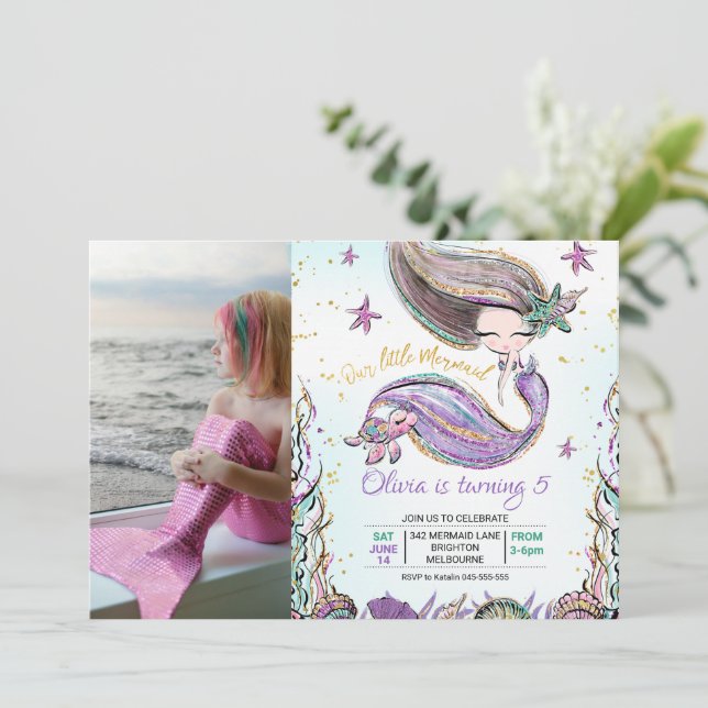 Purple Teal Mermaid Turtle Photo Birthday Invitation (Standing Front)