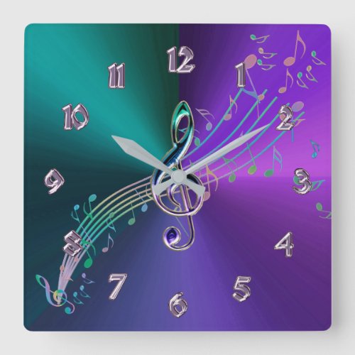 Purple Teal Metallic With Glass Music Clef Clock