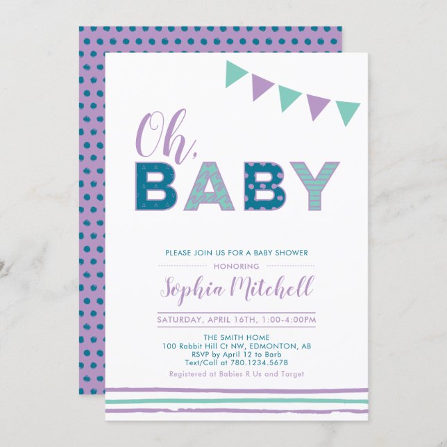 Purple & Teal | Modern Typography Girl Baby Shower Invitation (Front/Back)