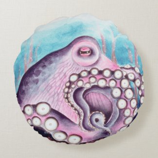 Purple Teal Octopus Watercolor Art Round Pillow