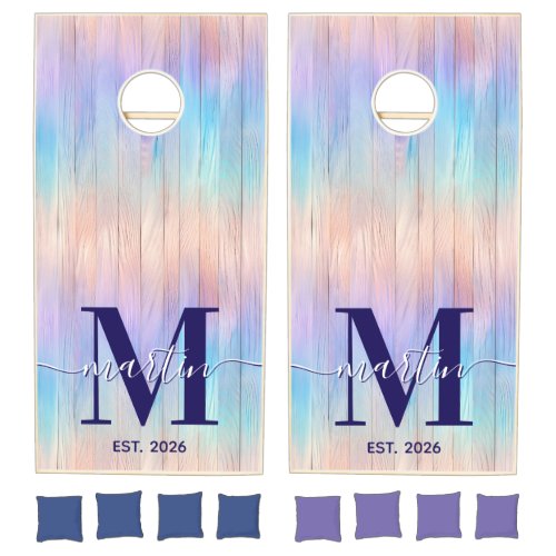 Purple Teal Ombre Stripes Wood Monogram Cornhole Set