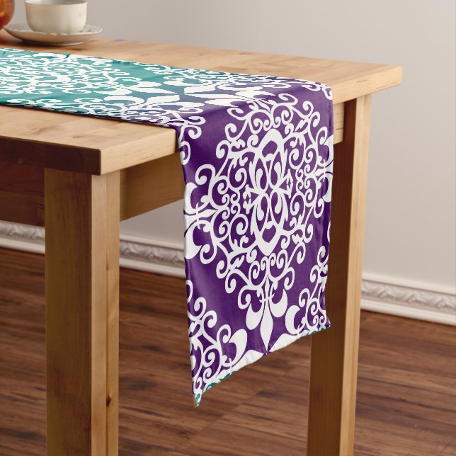 Purple Teal Ombre White Damask Pattern Long Table Runner (In Situ)