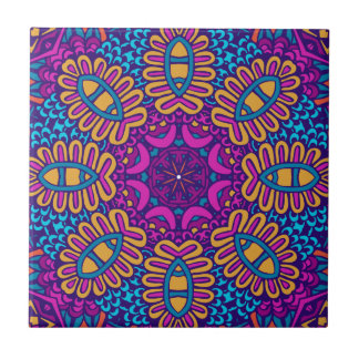 Purple, Teal, Orange & Gold Abstract Floral Mandal Ceramic Tile