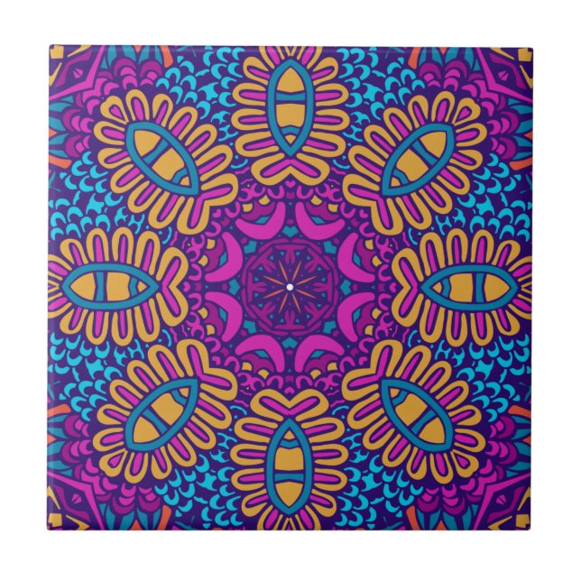 Purple, Teal, Orange & Gold Abstract Floral Mandal Ceramic Tile (Front)