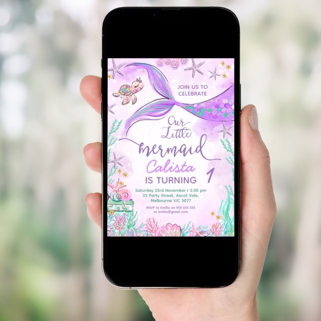 Purple Teal Our Little Mermaid 1st Birthday  Invitation (Front Digital)