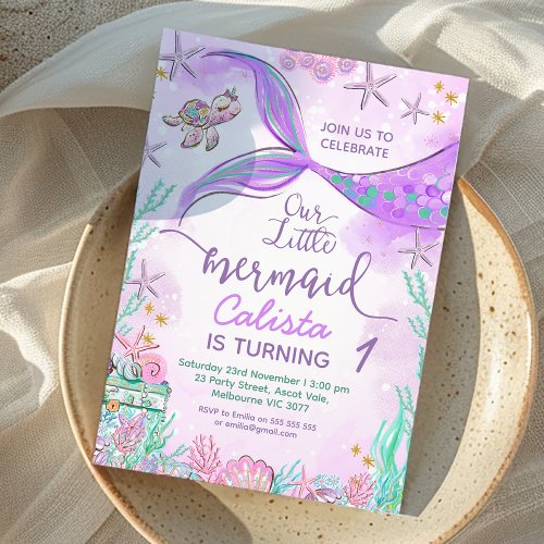 Purple Teal Our Little Mermaid 1st Birthday  Invitation
