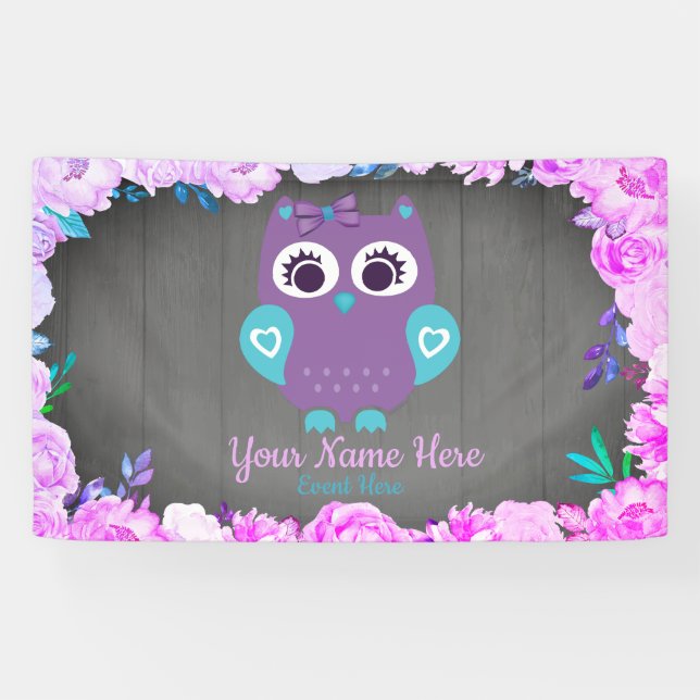 Purple Teal Owl Girl Backdrop Desert Table Sign (Horizontal)