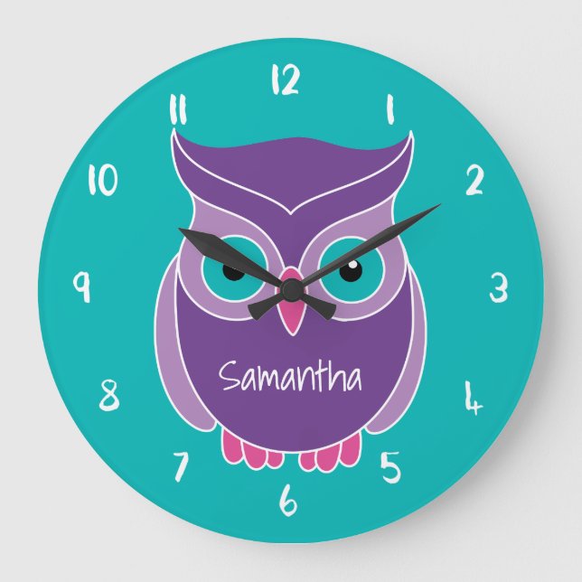Purple Teal Owl Kids Personalized Animal Large Clock (Front)