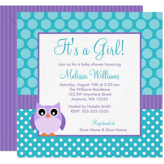 purple teal owl polka dot girl baby shower invitation zazzle com