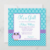 Purple Teal Owl Polka Dot Girl Baby Shower Invitation (Front)