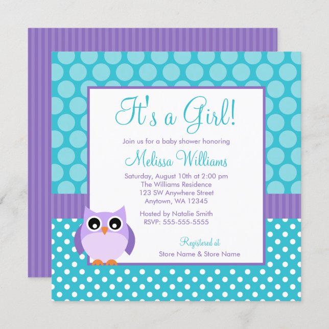 Purple Teal Owl Polka Dot Girl Baby Shower Invitation (Front/Back)