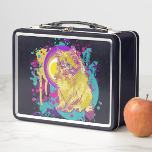 Purple Teal Paint Splatter Yellow Kitty Art Metal Lunch Box