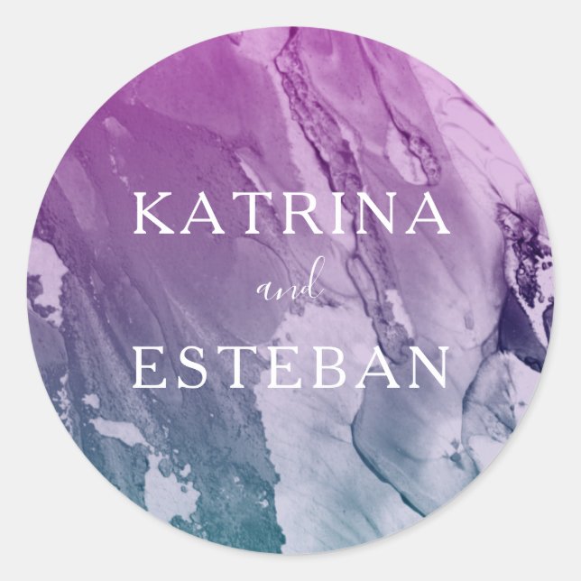 Purple Teal Paint Texture Wedding Favor Classic Round Sticker (Front)