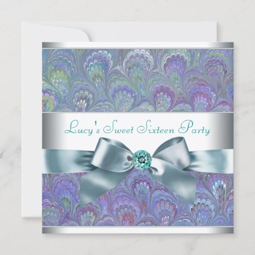 Purple Teal Peacock Paisley Sweet 16 Party Custom Announcement