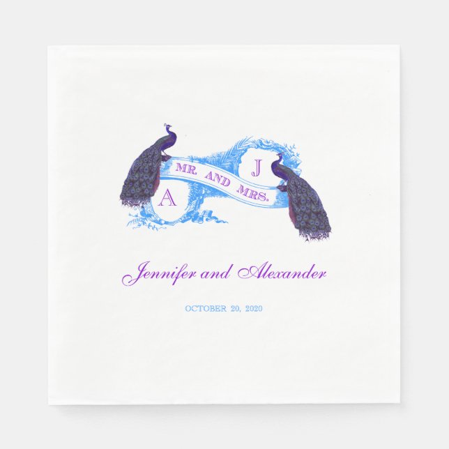 Purple Teal Peacock Wedding Paper Napkins (Front)