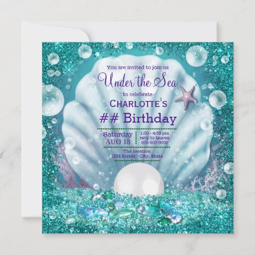 Purple Teal Pearl Under the Sea Birthday Party Invitation