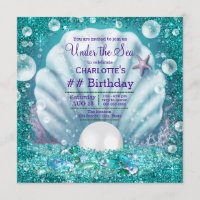 Purple Teal Pearl Under the Sea Birthday Party Invitation