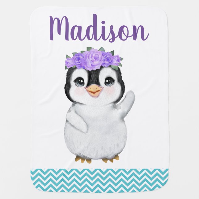 Purple Teal Penguin Baby Blankets Floral Girl (Front)