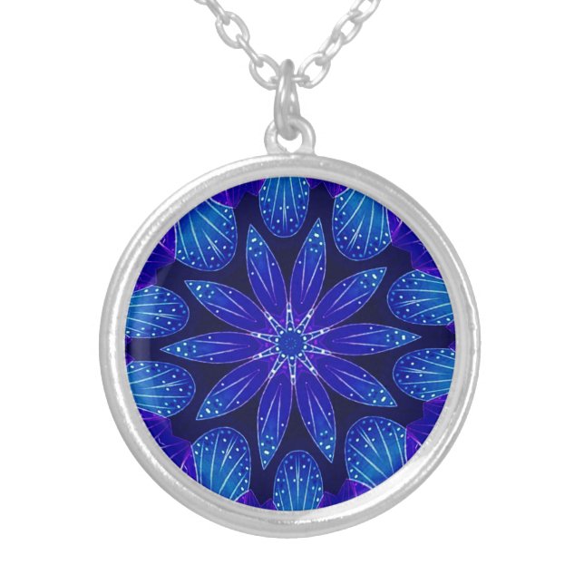 Purple & Teal Petals Mandala Silver Plated Necklace (Front)