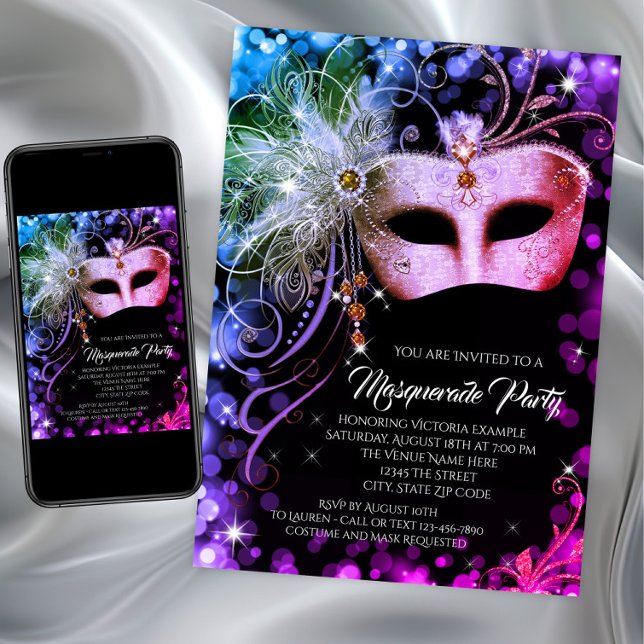 Purple Teal Rainbow Masquerade Party Invitation (Rainbow masquerade party invitation with jewel mask on rainbow back. Any event masquerade party.)