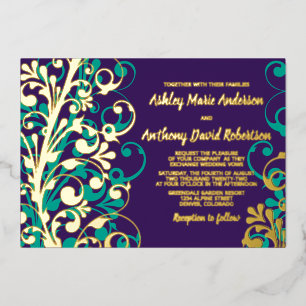 Purple Teal Real Gold Foil Floral Wedding Foil Invitation