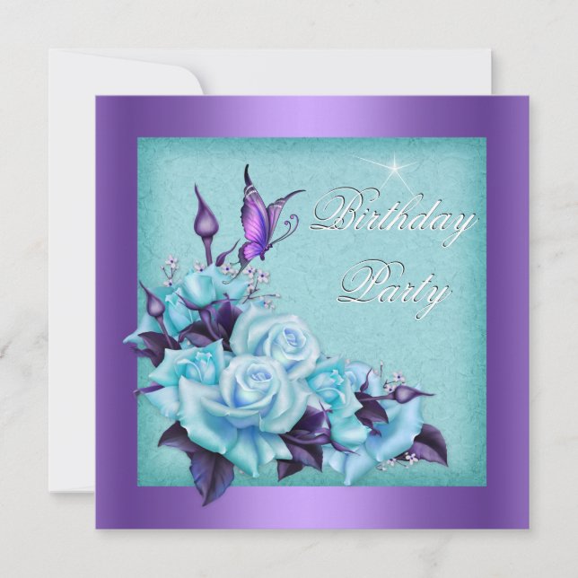 Purple Teal Roses Butterfly Floral Birthday Party Invitation (Front)